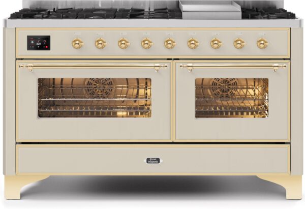 Majestic II 60 Inch Dual Fuel Natural Gas Freestanding Range in Antique White with Brass Trim.