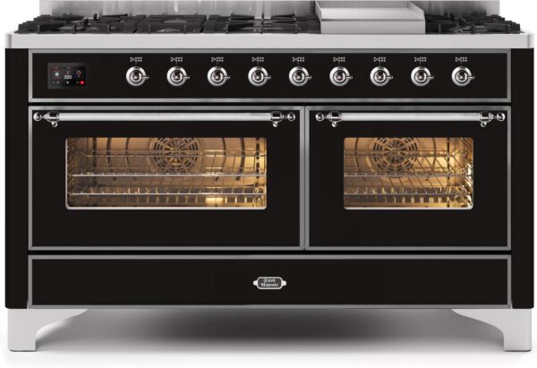 Majestic II 60 Inch Dual Fuel Natural Gas Freestanding Range in Glossy Black with Chrome Trim