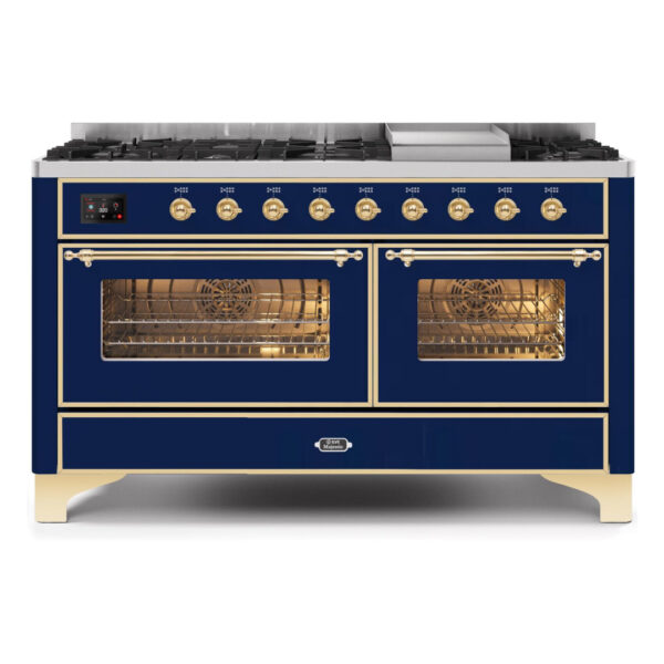 Majestic II 60 Inch Dual Fuel Natural Gas Freestanding Range in Blue with Brass Trim