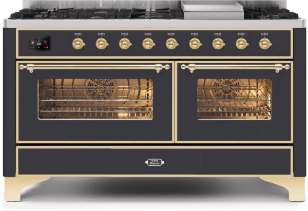 Majestic II 60 Inch Dual Fuel Natural Gas Freestanding Range in Matte Graphite with Brass Trim