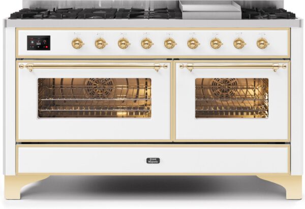 Majestic II 60 Inch Dual Fuel Natural Gas Freestanding Range in White with Brass Trim