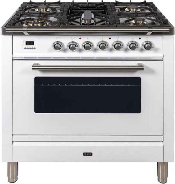 Professional Plus 36 Inch Gas Natural Gas Freestanding Range in White with Chrome Trim