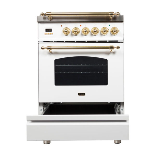 Nostalgie 24 Inch Dual Fuel Natural Gas Freestanding Range in White with Brass Trim - Image 3