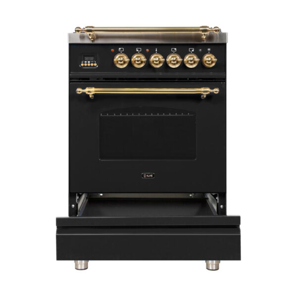 Nostalgie 24 Inch Dual Fuel Liquid Propane Freestanding Range in Glossy Black with Brass Trim - Image 3