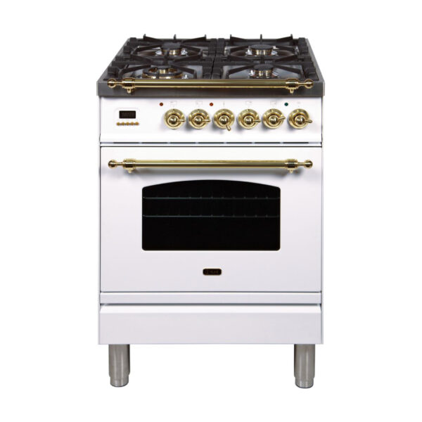 Nostalgie 24 Inch Dual Fuel Natural Gas Freestanding Range in White with Brass Trim