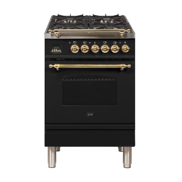 Nostalgie 24 Inch Dual Fuel Liquid Propane Freestanding Range in Glossy Black with Brass Trim