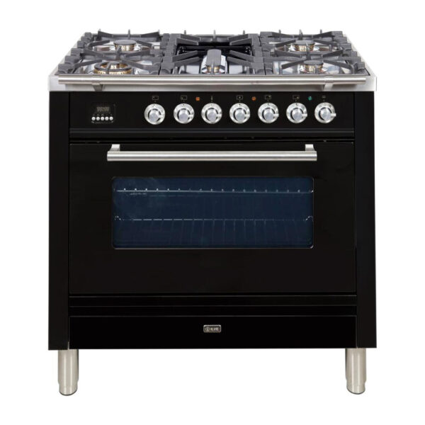 Professional Plus 36 Inch Dual Fuel Natural Gas Freestanding Range in Glossy Black with Chrome Trim