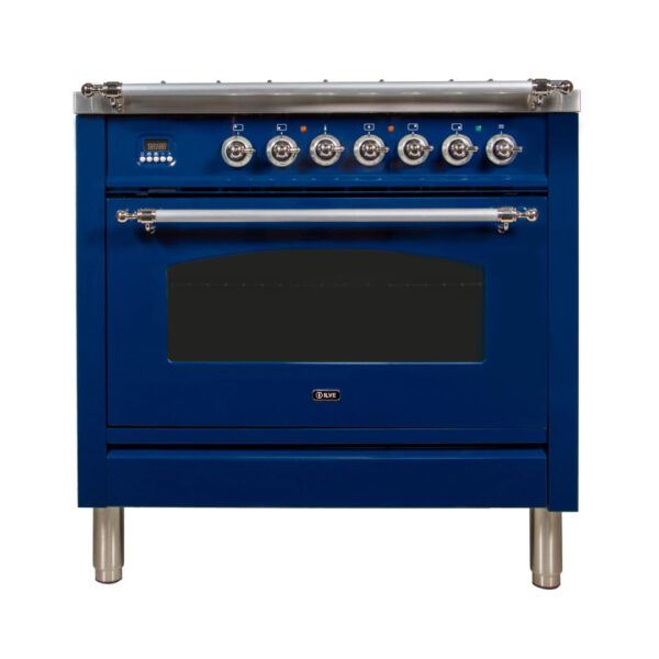 Nostalgie 36 Inch Dual Fuel Natural Gas Freestanding Range in Blue with Chrome Trim - Image 5