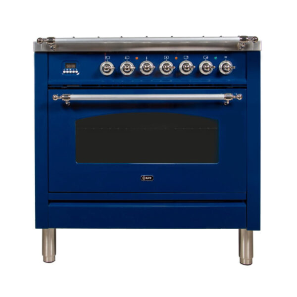 Nostalgie 36 Inch Dual Fuel Natural Gas Freestanding Range in Blue with Chrome Trim - Image 7