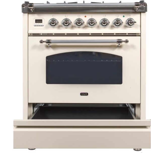 Nostalgie 30 Inch Dual Fuel Liquid Propane Freestanding Range in Antique White with Chrome Trim - Image 2