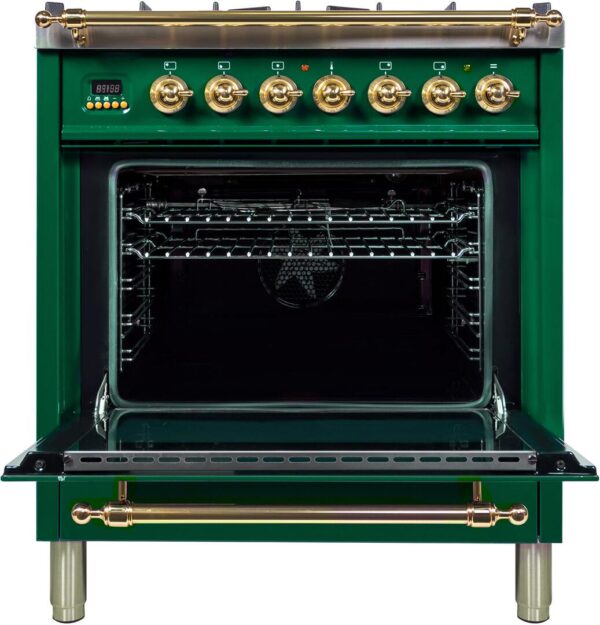 Nostalgie 30 Inch Dual Fuel Natural Gas Freestanding Range in Emerald Green with Brass Trim - Image 2