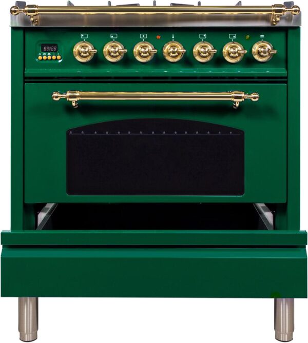 Nostalgie 30 Inch Dual Fuel Natural Gas Freestanding Range in Emerald Green with Brass Trim - Image 3