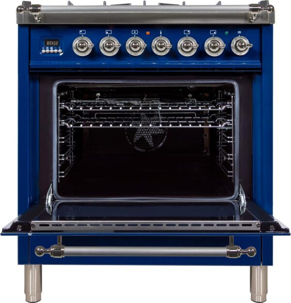 Nostalgie 30 Inch Dual Fuel Natural Gas Freestanding Range in Blue with Chrome Trim - Image 3