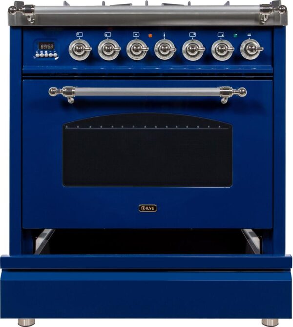 Nostalgie 30 Inch Dual Fuel Natural Gas Freestanding Range in Blue with Chrome Trim - Image 2