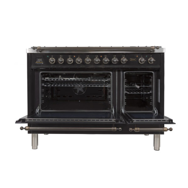 Nostalgie 48 Inch Dual Fuel Natural Gas Freestanding Range in Glossy Black with Bronze Trim - Image 2