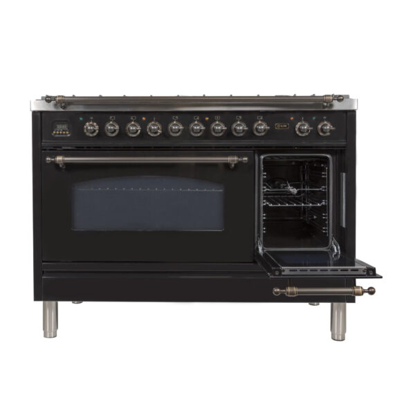 Nostalgie 48 Inch Dual Fuel Natural Gas Freestanding Range in Glossy Black with Bronze Trim - Image 3