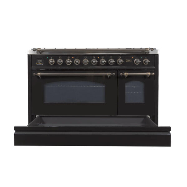 Nostalgie 48 Inch Dual Fuel Natural Gas Freestanding Range in Glossy Black with Bronze Trim - Image 4