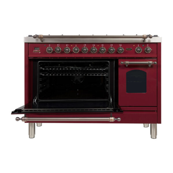 Nostalgie 48 Inch Dual Fuel Natural Gas Freestanding Range in Burgundy with Bronze Trim - Image 2