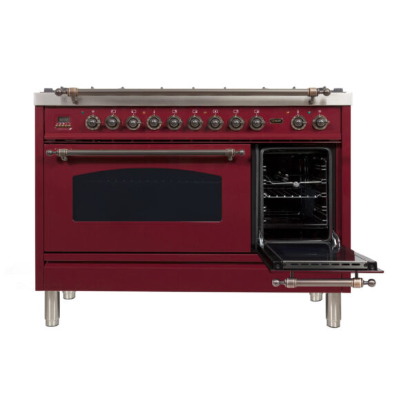 Nostalgie 48 Inch Dual Fuel Natural Gas Freestanding Range in Burgundy with Bronze Trim - Image 3