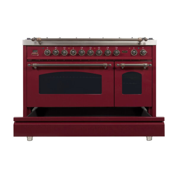 Nostalgie 48 Inch Dual Fuel Natural Gas Freestanding Range in Burgundy with Bronze Trim - Image 4