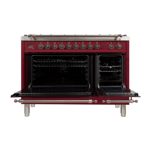 Nostalgie 48 Inch Dual Fuel Natural Gas Freestanding Range in Burgundy with Bronze Trim - Image 5