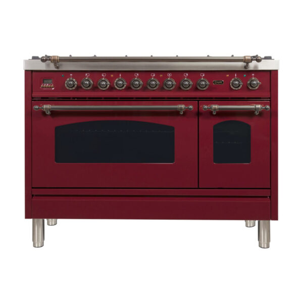 Nostalgie 48 Inch Dual Fuel Natural Gas Freestanding Range in Burgundy with Bronze Trim - Image 6