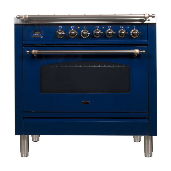 Nostalgie 36 Inch Dual Fuel Natural Gas Freestanding Range in Blue with Bronze Trim - Image 2