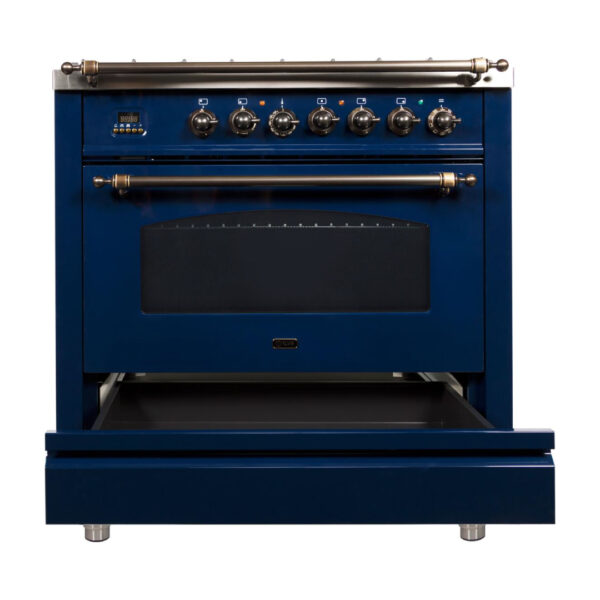 Nostalgie 36 Inch Dual Fuel Natural Gas Freestanding Range in Blue with Bronze Trim - Image 3