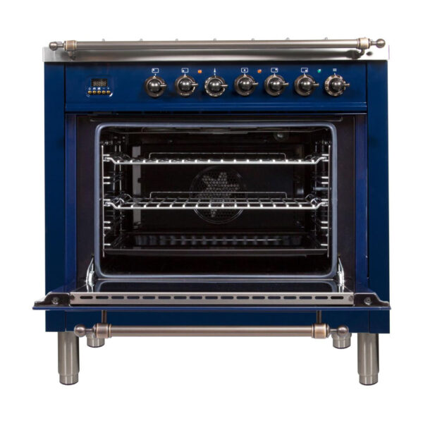 Nostalgie 36 Inch Dual Fuel Natural Gas Freestanding Range in Blue with Bronze Trim - Image 8