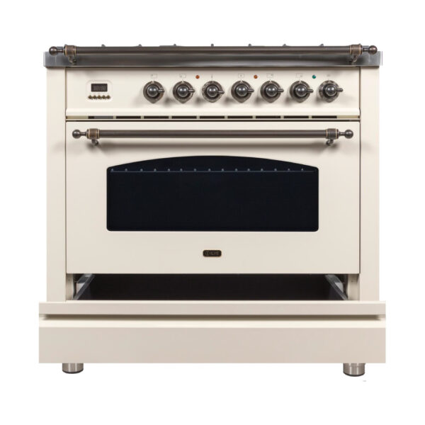 Nostalgie 36 Inch Dual Fuel Natural Gas Freestanding Range in Antique White with Bronze Trim - Image 4