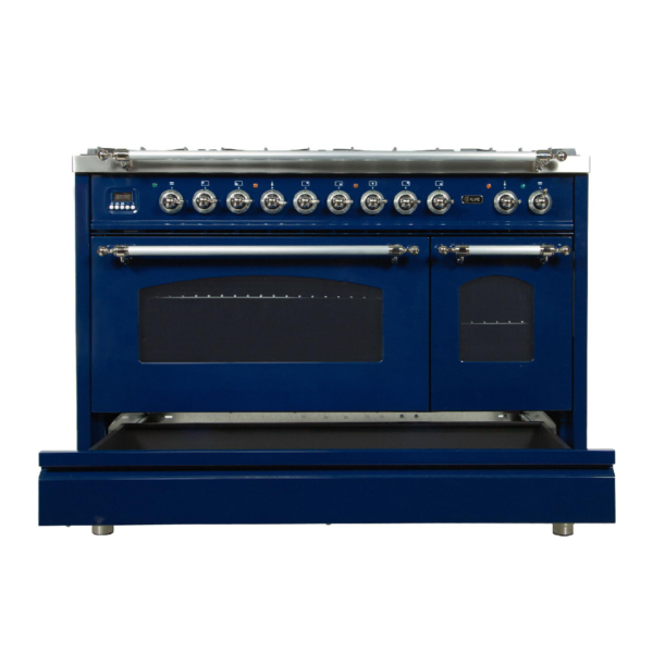 Nostalgie 48 Inch Dual Fuel Liquid Propane Freestanding Range in Blue with Chrome Trim - Image 4