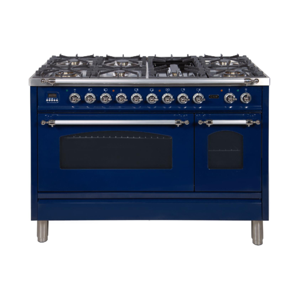 Nostalgie 48 Inch Dual Fuel Liquid Propane Freestanding Range in Blue with Chrome Trim