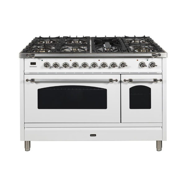 Nostalgie 48 Inch Dual Fuel Liquid Propane Freestanding Range in White with Chrome Trim