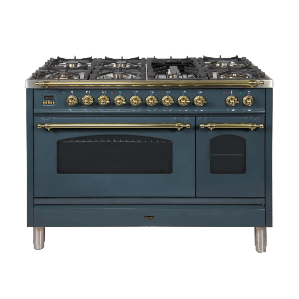 Nostalgie 48 Inch Dual Fuel Natural Gas Freestanding Range in Blue Grey with Brass Trim