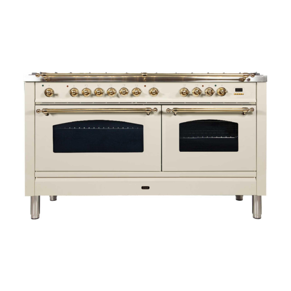 Nostalgie 60 Inch Dual Fuel Liquid Propane Freestanding Range in Antique White with Brass Trim