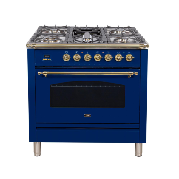 Nostalgie 36 Inch Dual Fuel Liquid Propane Freestanding Range in Blue with Brass Trim