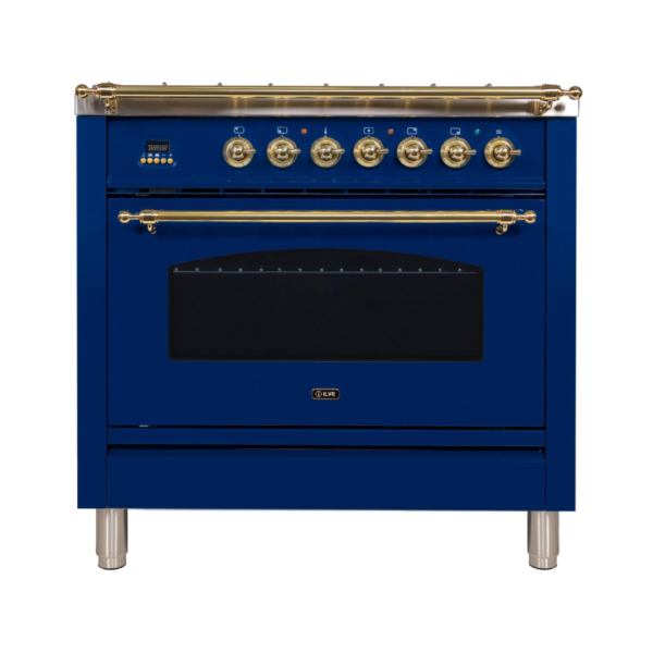 Nostalgie 36 Inch Dual Fuel Liquid Propane Freestanding Range in Blue with Brass Trim - Image 2