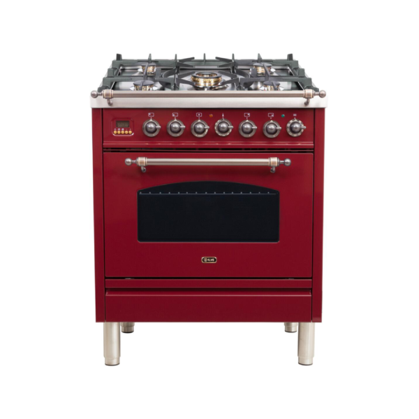 Nostalgie 30 Inch Dual Fuel Natural Gas Freestanding Range in Burgundy with Bronze Trim