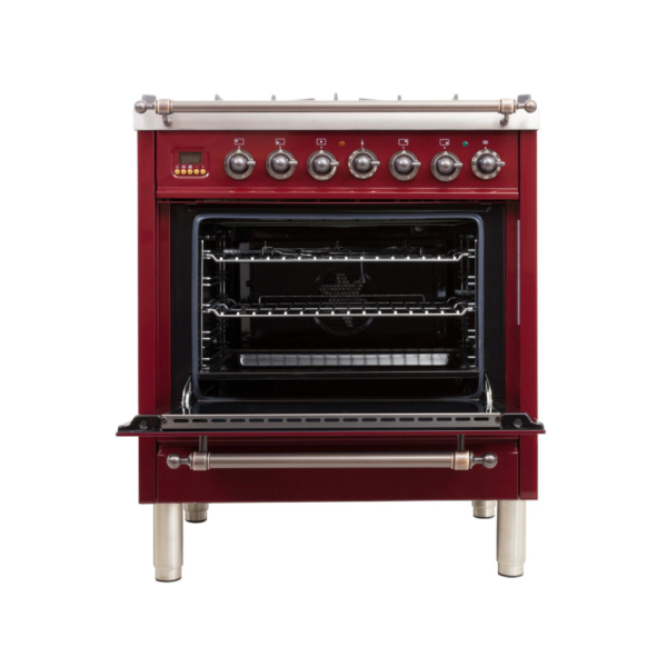 Nostalgie 30 Inch Dual Fuel Natural Gas Freestanding Range in Burgundy with Bronze Trim - Image 2