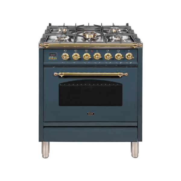 Nostalgie 30 Inch Dual Fuel Natural Gas Freestanding Range in Blue Grey with Brass Trim