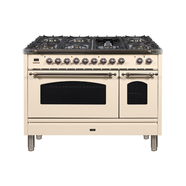 Nostalgie 48 Inch Dual Fuel Natural Gas Freestanding Range in Antique White with Bronze Trim