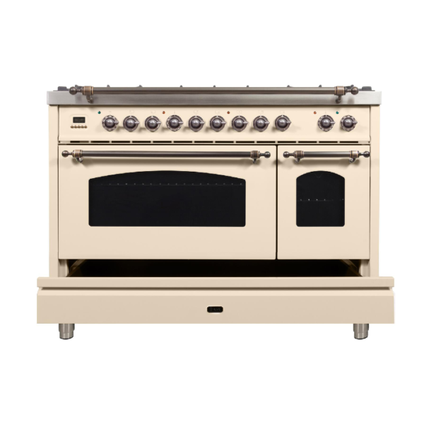 Nostalgie 48 Inch Dual Fuel Natural Gas Freestanding Range in Antique White with Bronze Trim - Image 3