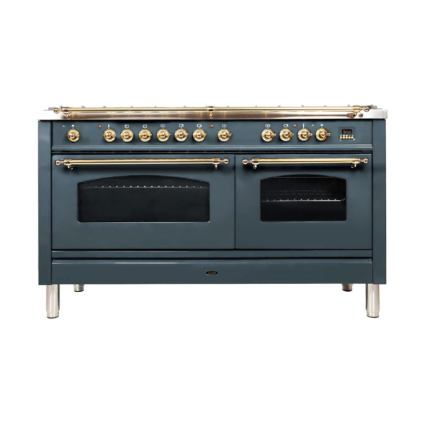 Nostalgie 60 Inch Dual Fuel Natural Gas Freestanding Range in Blue Grey with Brass Trim