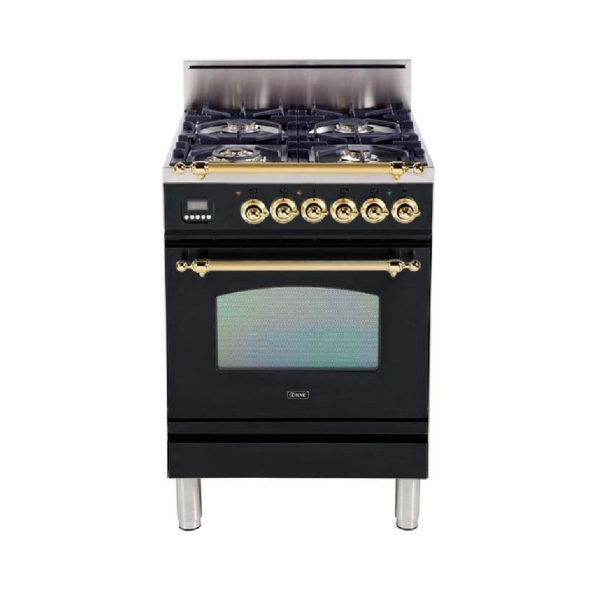 Nostalgie 24 Inch Gas Liquid Propane Freestanding Range in Glossy Black with Brass Trim