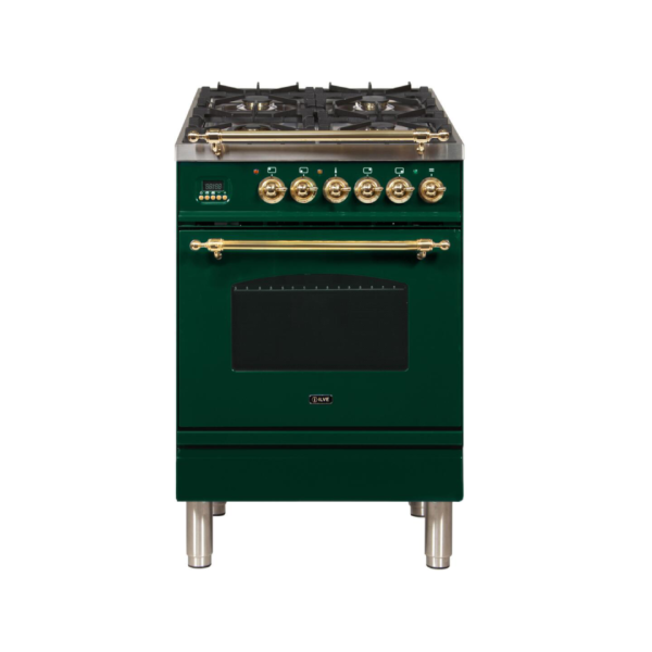 Nostalgie 24 Inch Dual Fuel Natural Gas Freestanding Range in Emerald Green with Brass Trim