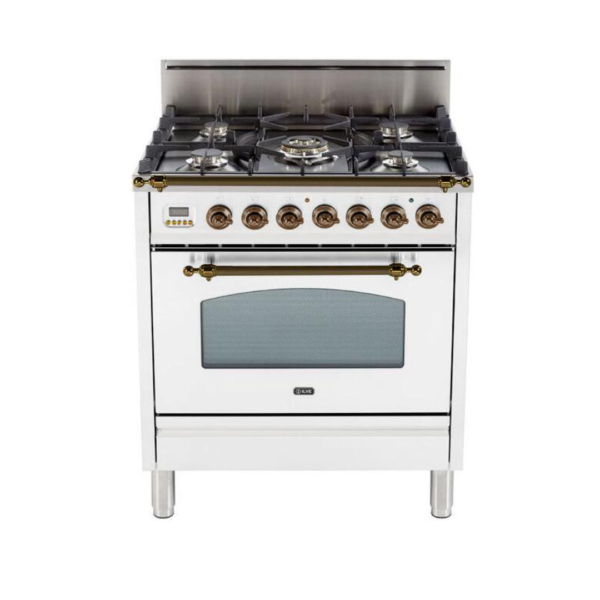 Nostalgie 30 Inch Gas Natural Gas Freestanding Range in White with Bronze Trim