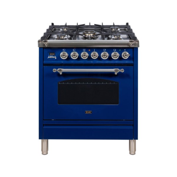 Nostalgie 30 Inch Dual Fuel Natural Gas Freestanding Range in Blue with Chrome Trim