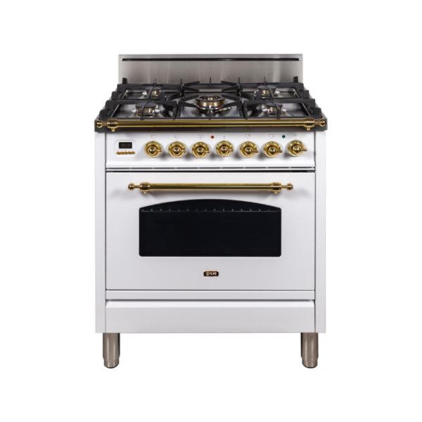 Nostalgie 30 Inch Gas Liquid Propane Freestanding Range in White with Brass Trim