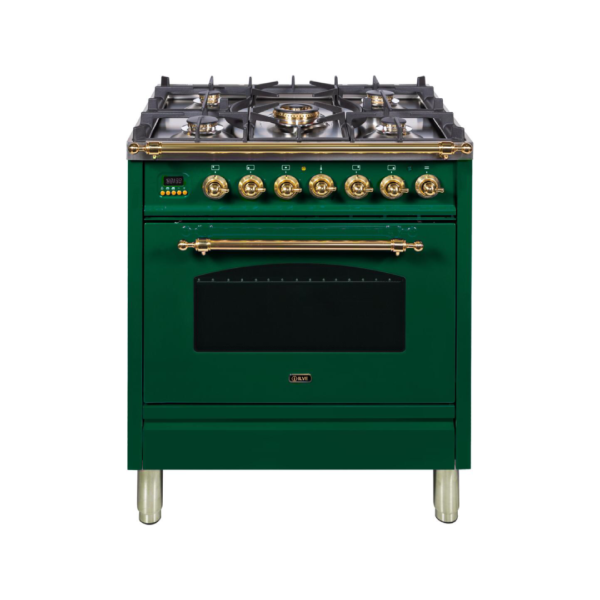 Nostalgie 30 Inch Dual Fuel Liquid Propane Freestanding Range in Emerald Green with Brass Trim