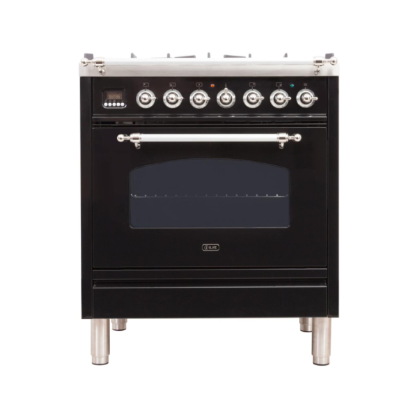 Nostalgie 30 Inch Dual Fuel Liquid Propane Freestanding Range in Glossy Black with Chrome Trim